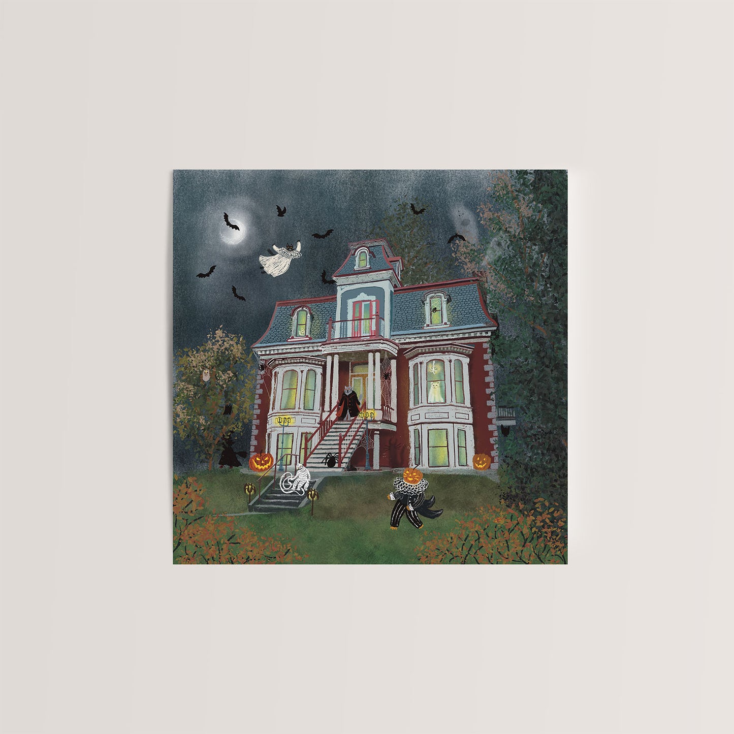 Square Greeting card: Spooky Mansion Cats Halloween