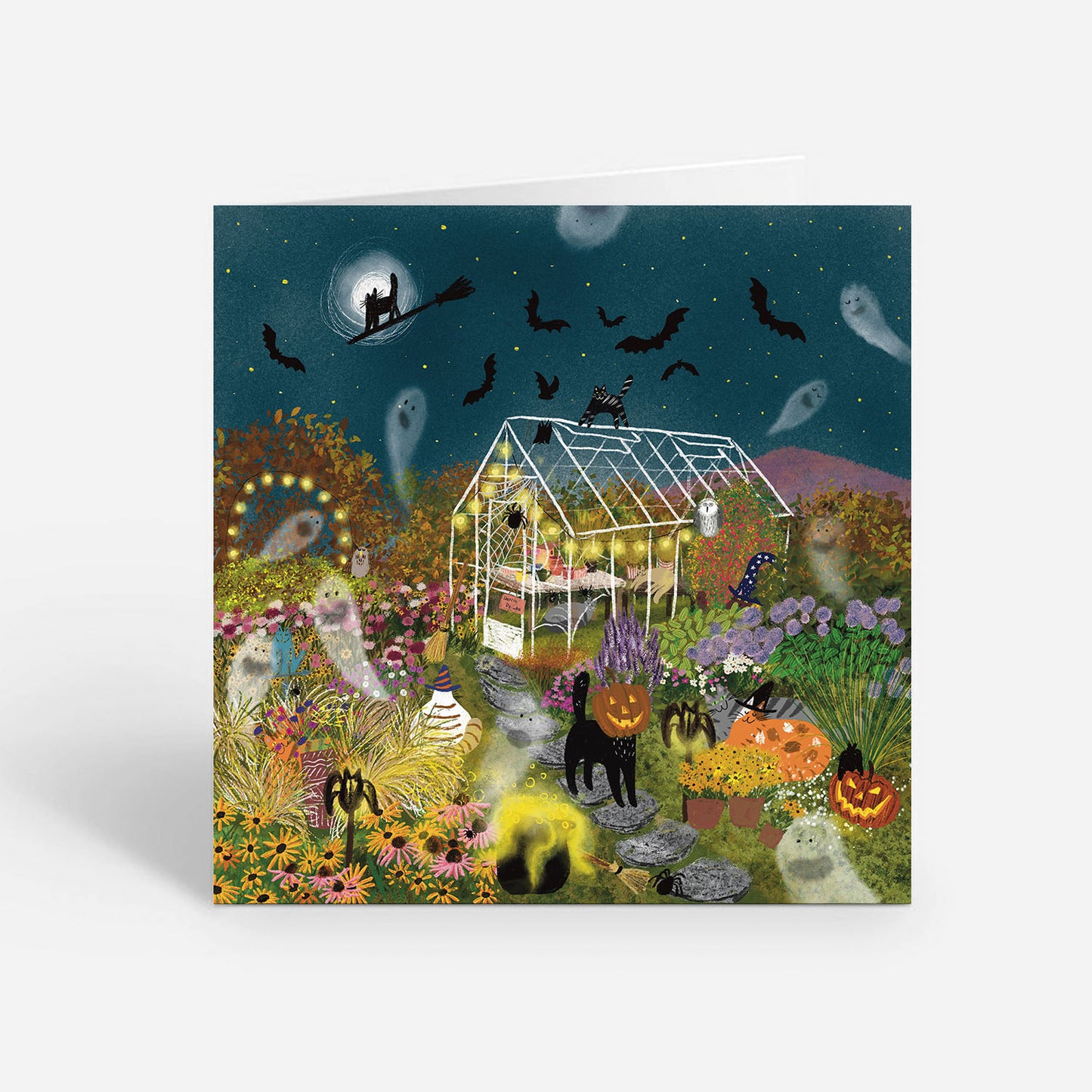 Enchanted Halloween Night - Magical 5"x5" (12.7x12.7 cm) Greeting Card with Ghosts, Ghouls, and Garden Whimsy
