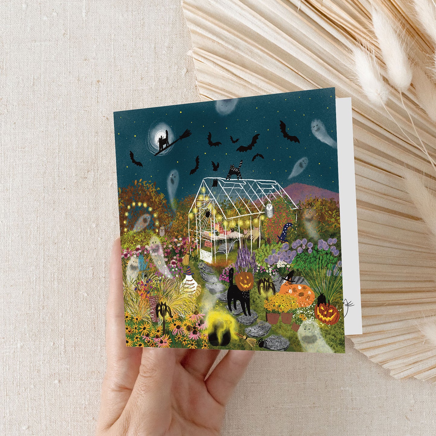 Enchanted Halloween Night - Magical 5"x5" (12.7x12.7 cm) Greeting Card with Ghosts, Ghouls, and Garden Whimsy