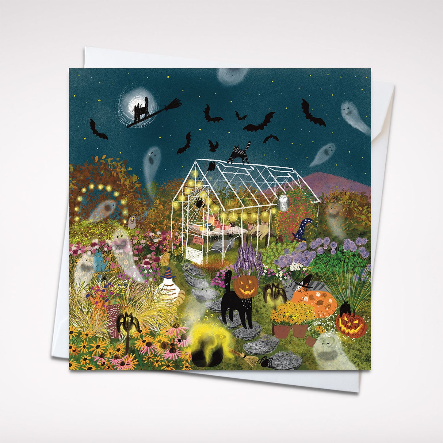 Enchanted Halloween Night - Magical 5"x5" (12.7x12.7 cm) Greeting Card with Ghosts, Ghouls, and Garden Whimsy