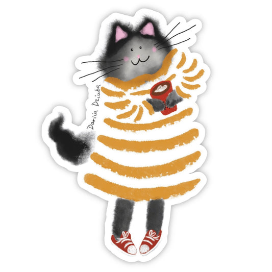 Cat in a Long-sleeved Dress and Coffee Sticker