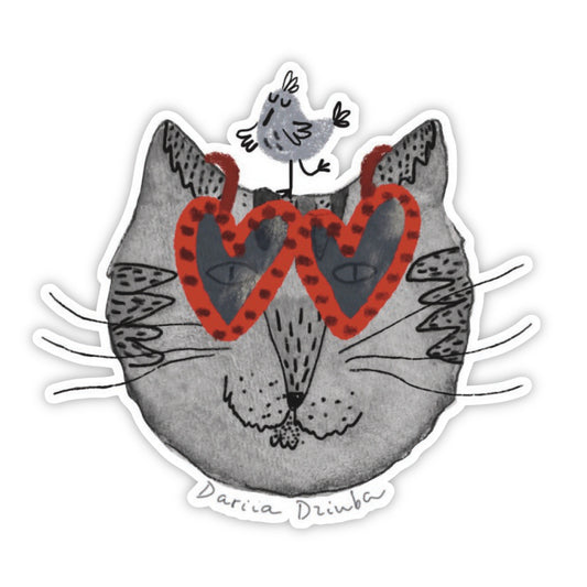Sticker: Grey Cat Head in Red Heart-Shaped Glasses