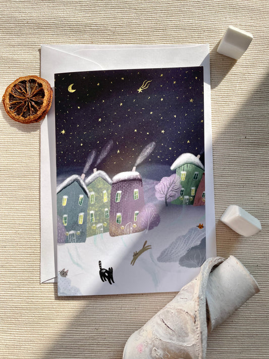 Vertical Greeting card: Starry Winter Night & Cozy Village