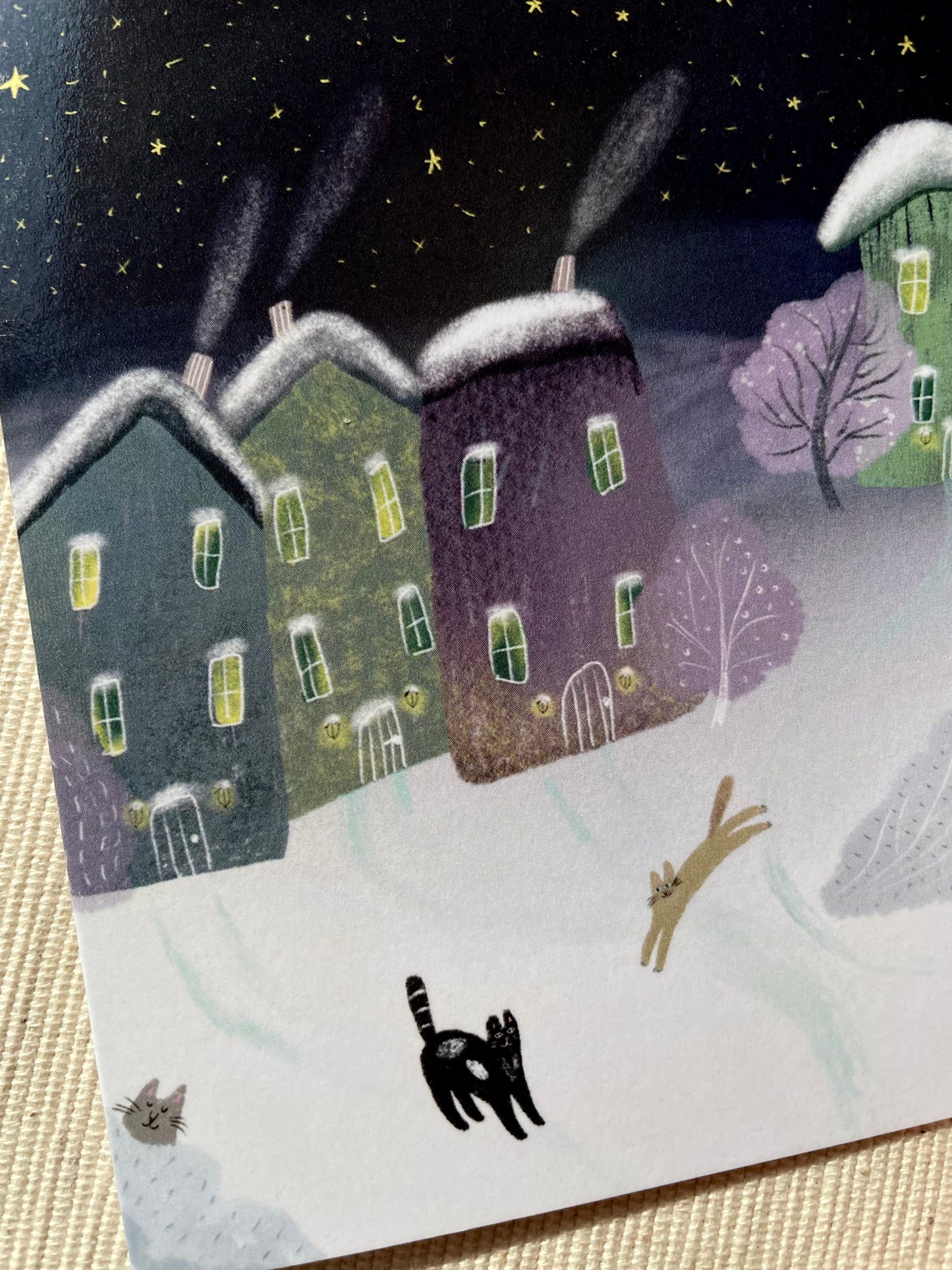 Carte de vœux avec nuit d'hiver étoilée et village douillet | Noël et Nouvel An | Scène de vacances paisible avec des chats espiègles | 4x6 Vide à l'intérieur