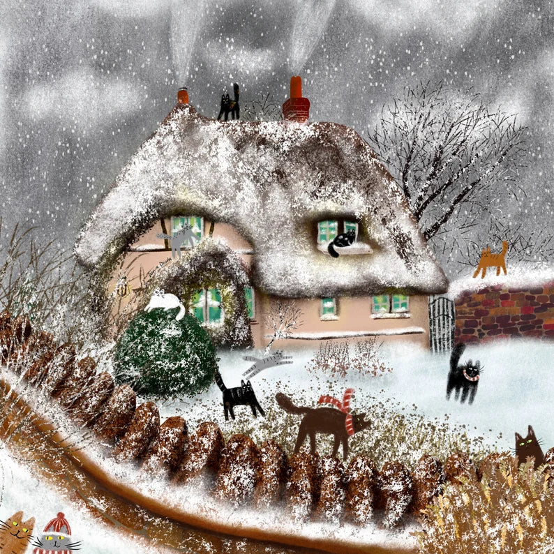 Cat art print: Winter cottage