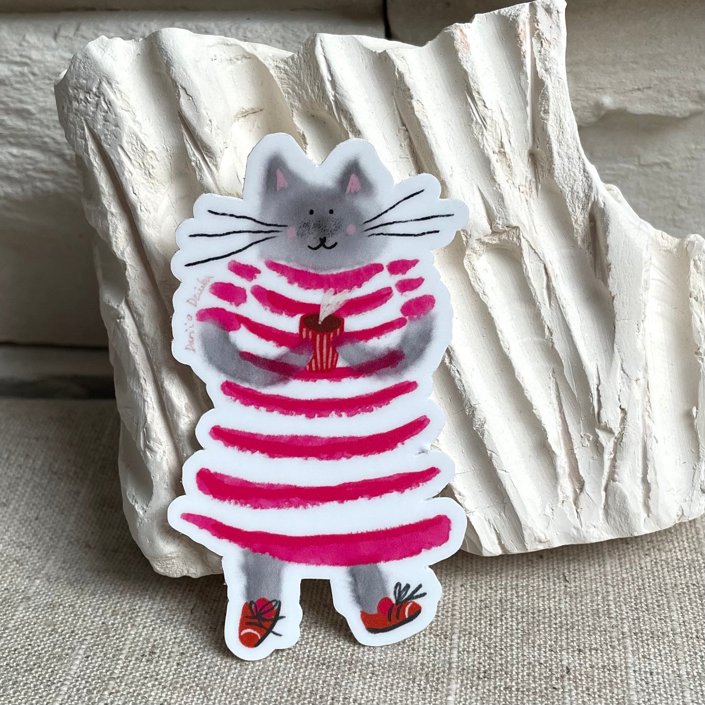 Autocollant Chat en robe et café