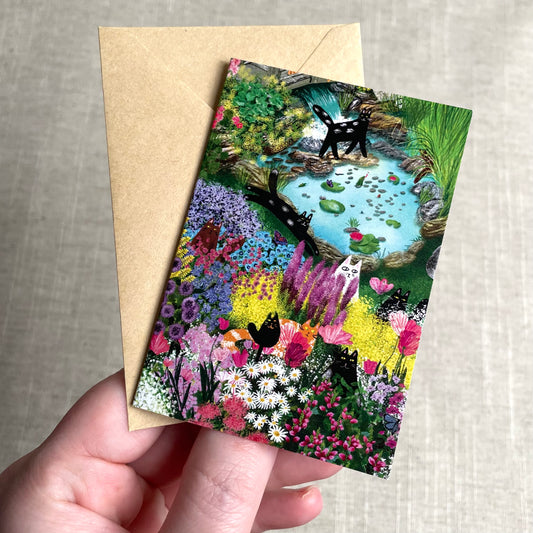 Mini card: Cats in a Blooming Garden with a Pond