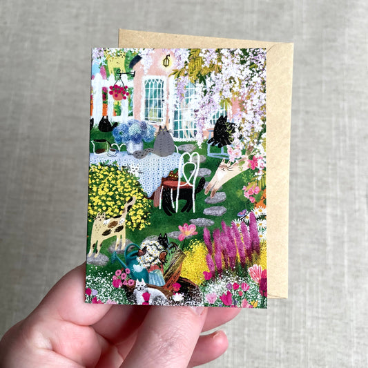 Mini card: Cats in a Blooming Garden with a Shed