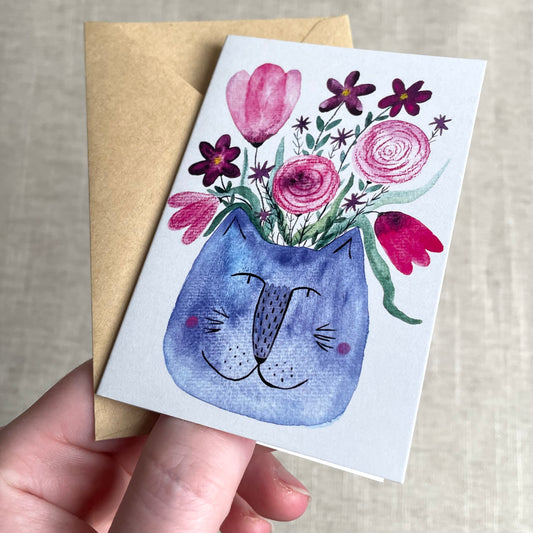 Mini carte : Vase tête de chat avec fleurs