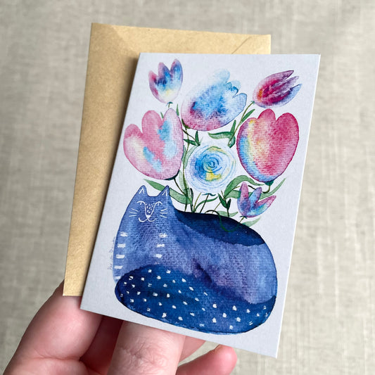 Mini carte : Vase chat assis avec fleurs