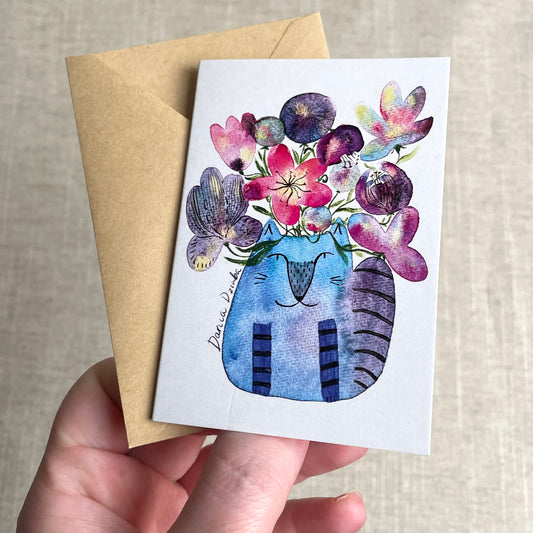 Mini carte : Vase chat debout avec fleurs
