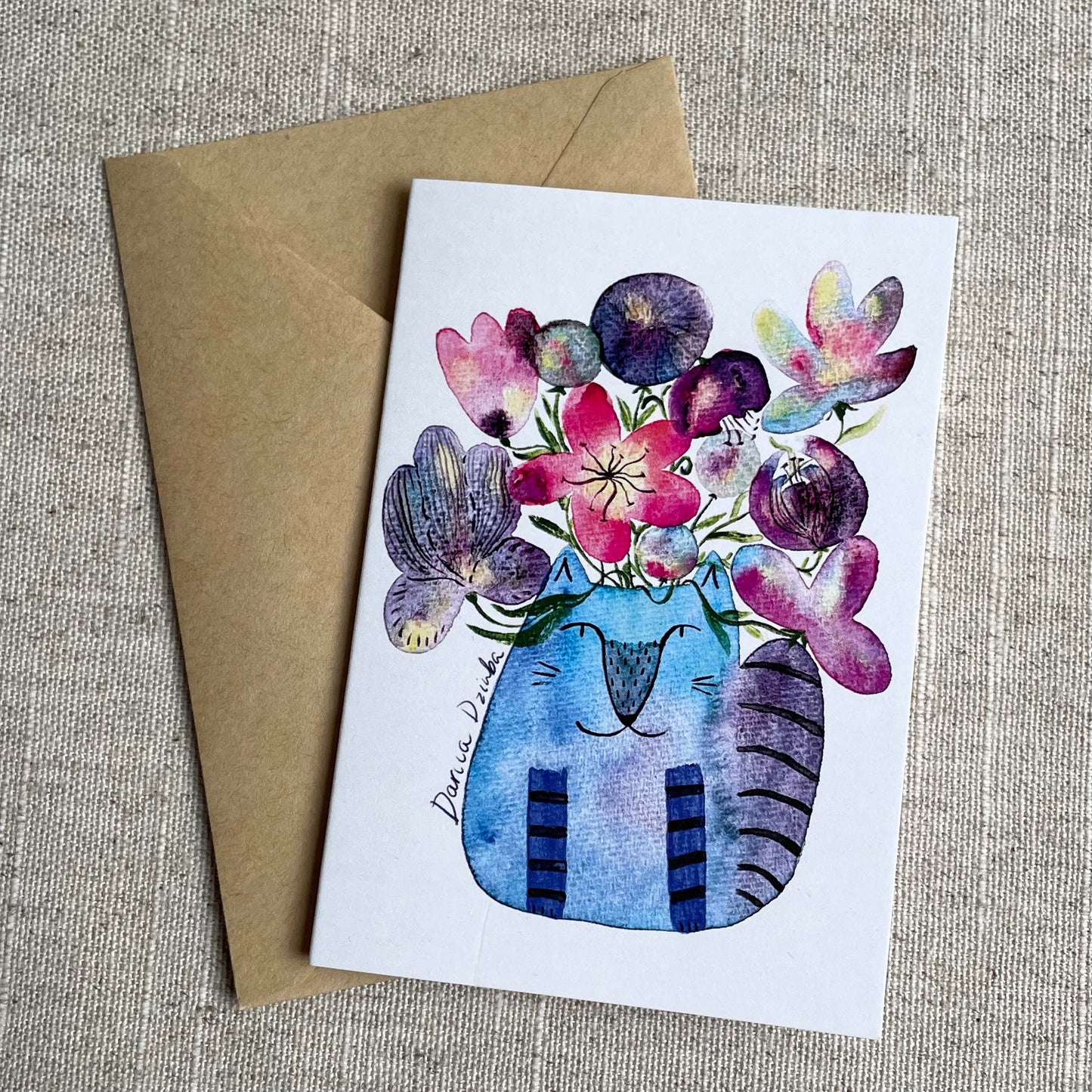 Mini carte : Vase chat debout avec fleurs