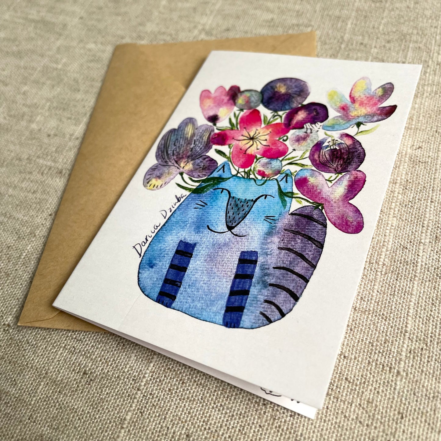 Mini carte : Vase chat debout avec fleurs