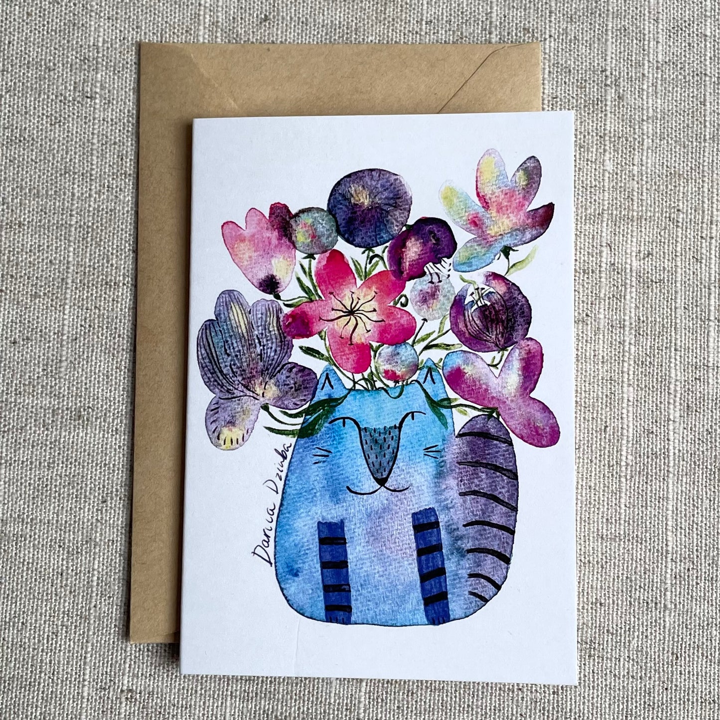 Mini carte : Vase chat debout avec fleurs