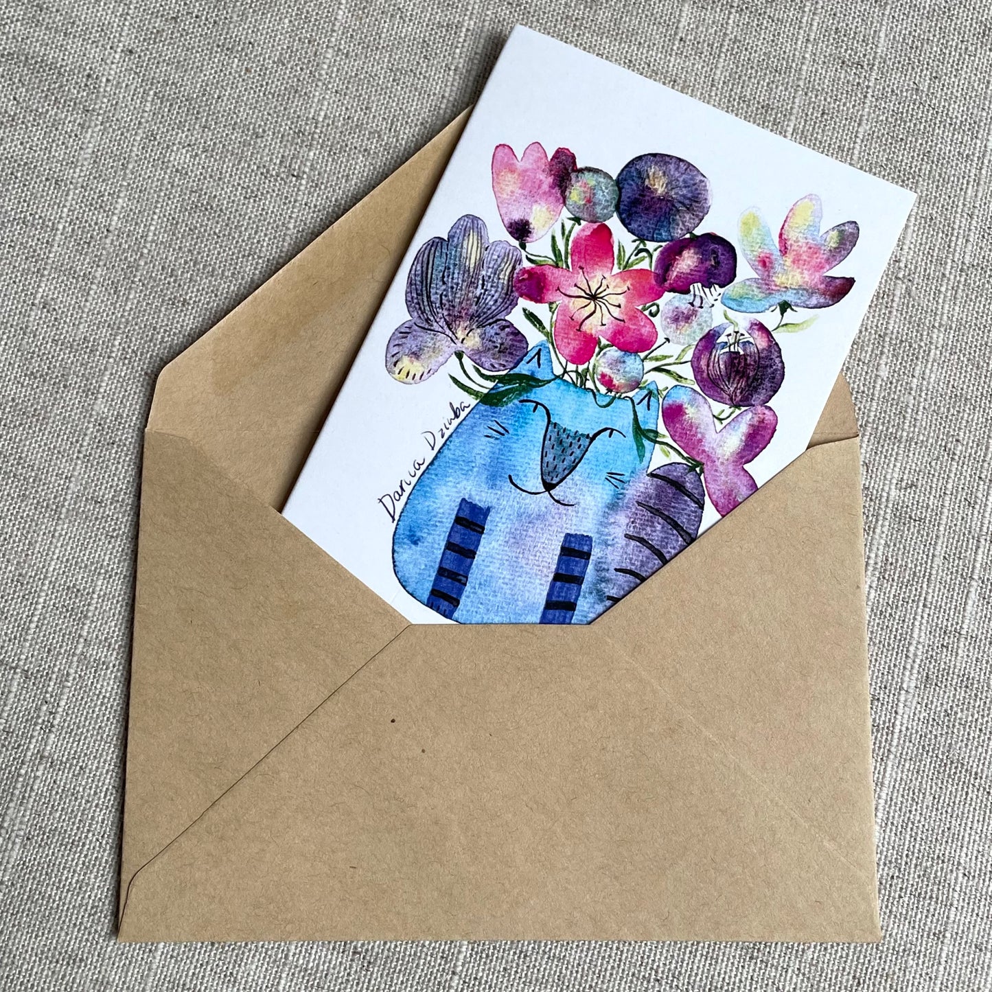 Mini carte : Vase chat debout avec fleurs