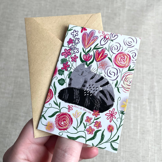 Mini carte : Chat gris dans des fleurs lumineuses