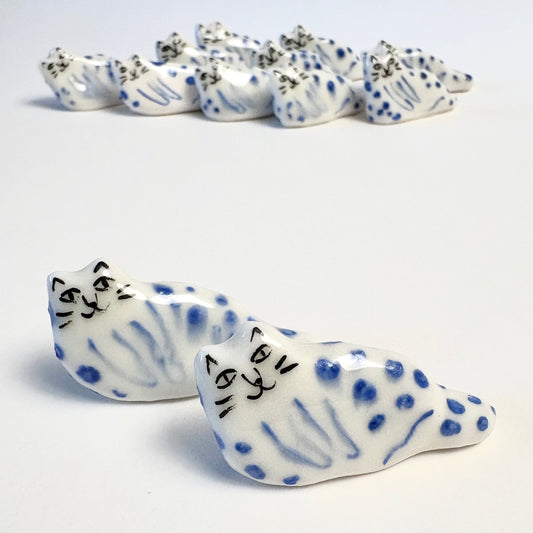 Tiny Blue Leopard Cat Miniature – Handcrafted Porcelain Cat Figurine