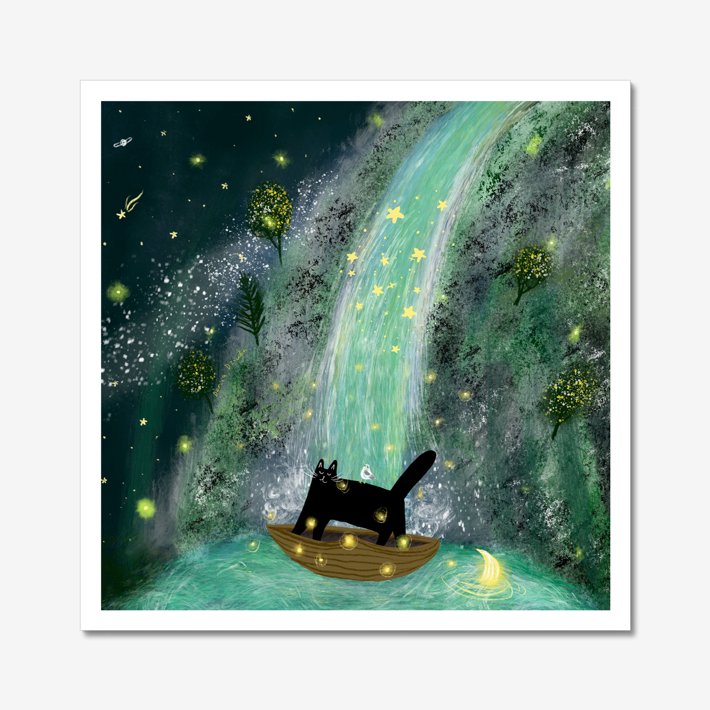 Impression d'art de chat : Chat sur un bateau devant une cascade étoilée