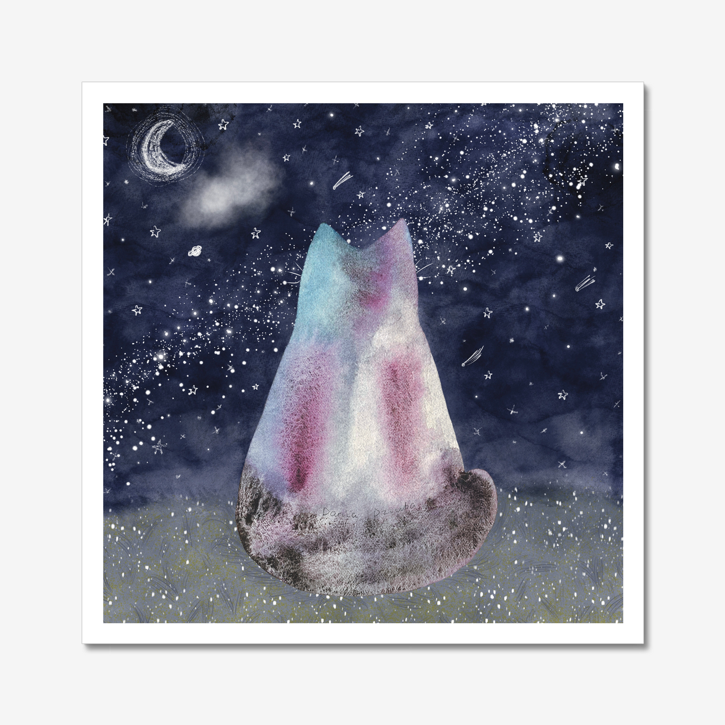 Impression d’art de chat : Chat observant la Voie lactée, les galaxies et les étoiles filantes