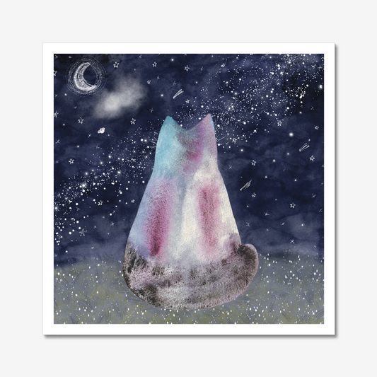 Unframed art print: Cat watching Milky Way and Galaxies and shooting stars