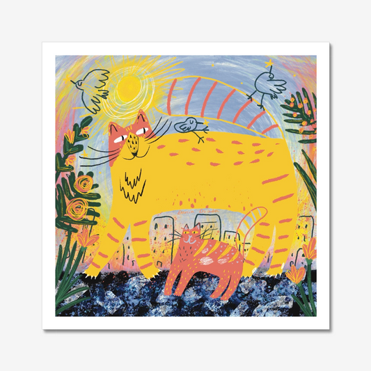 Impression d'art de chat : Chat féerique avec des lucioles dans une illustration de forêt magique