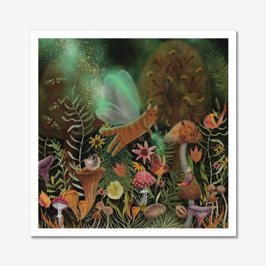 Cat art print: Flying Fairy Cat in a Magical Forest