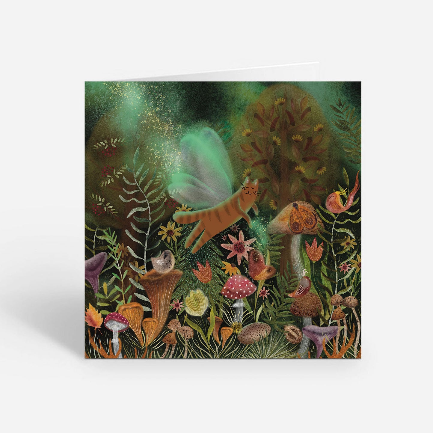 Carte de vœux carrée : Chat de la forêt magique
