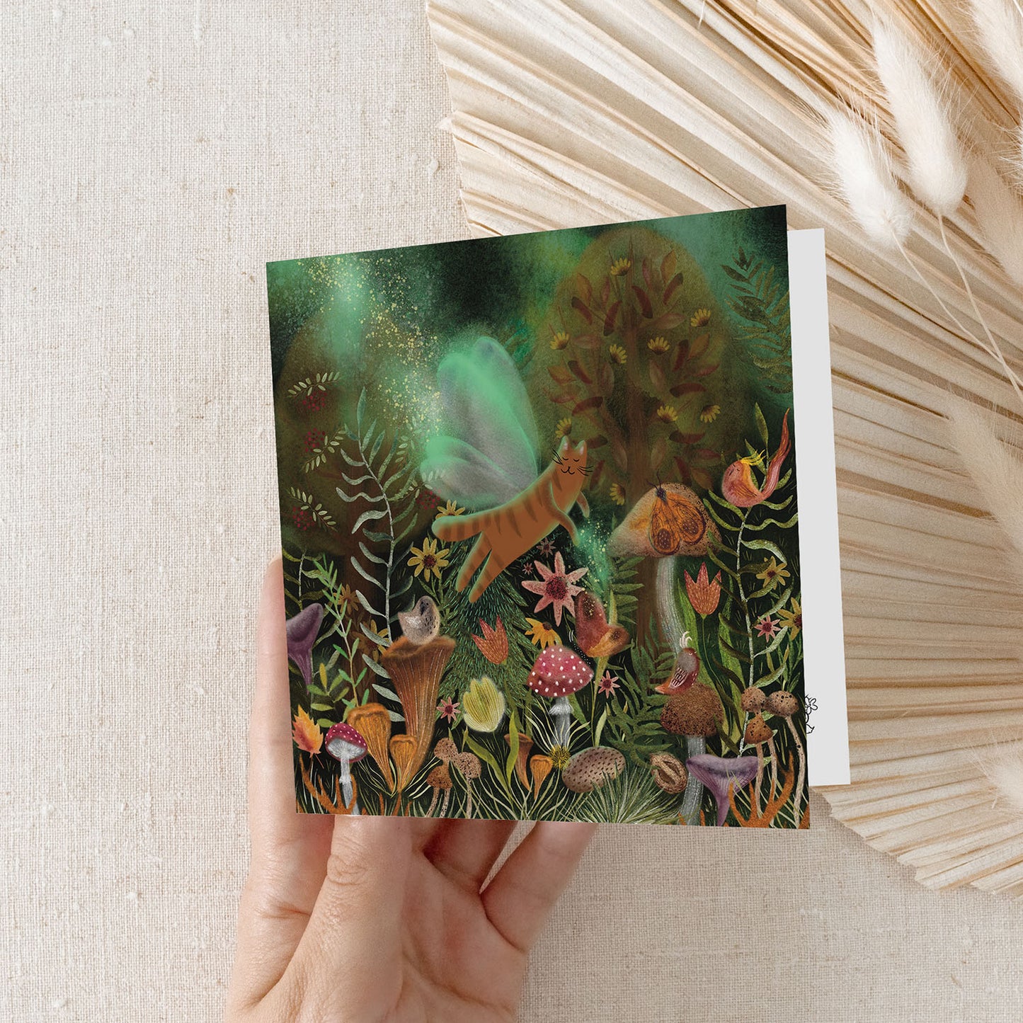 Carte de vœux carrée : Chat de la forêt magique