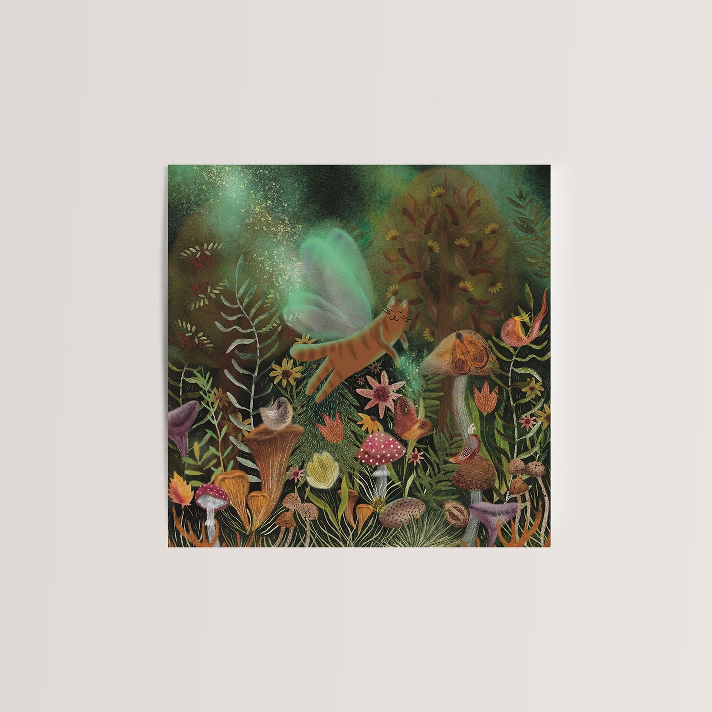 Carte de vœux carrée : Chat de la forêt magique