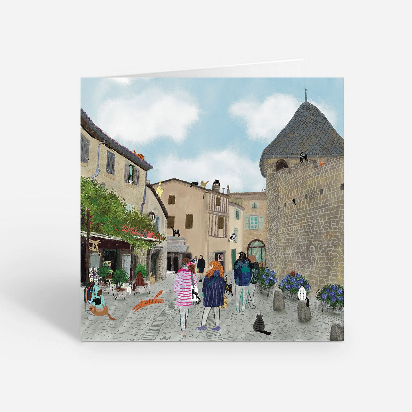 Carte de vœux carrée : Charmante vie de village : une journée dans la cour - Ville pittoresque