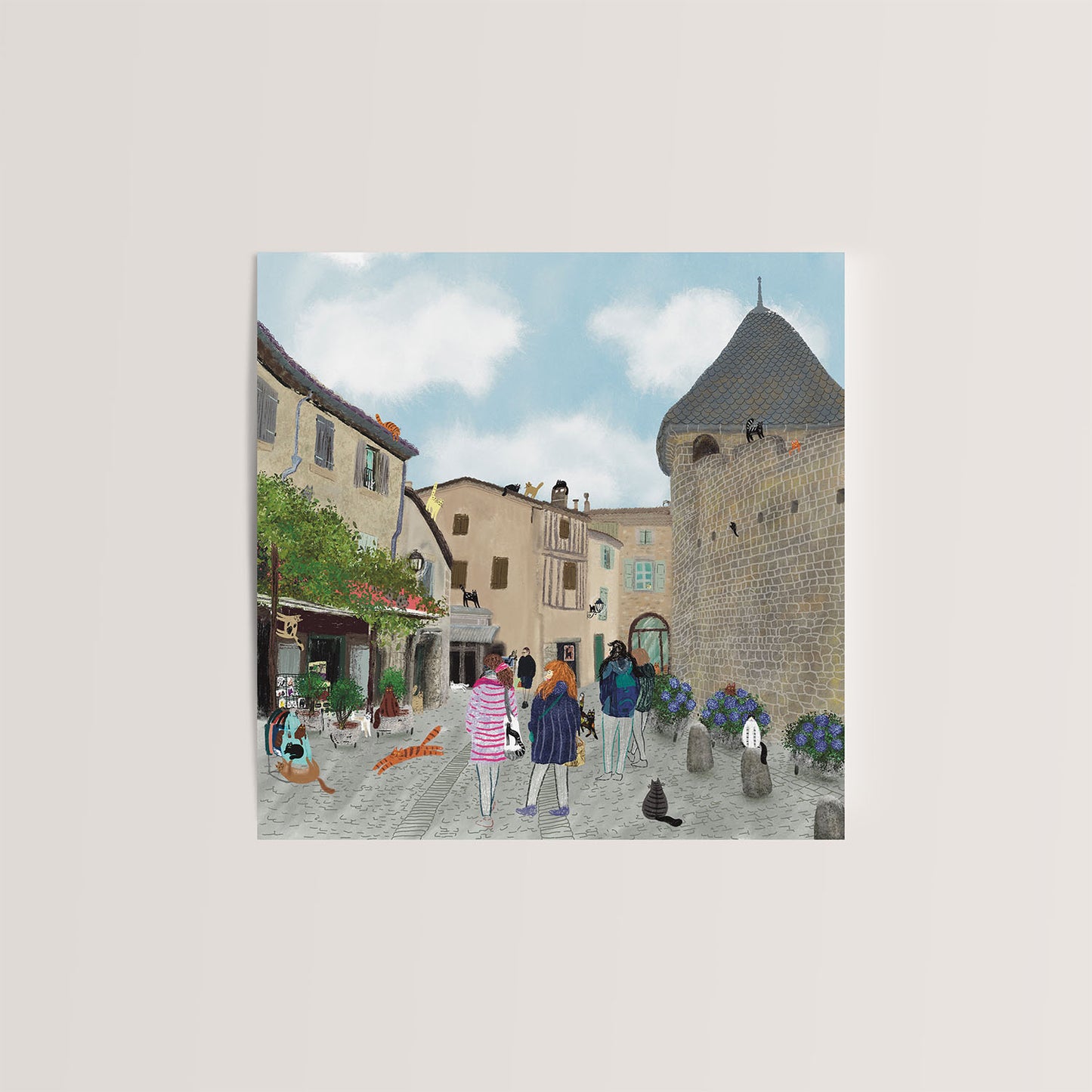 Carte de vœux carrée : Charmante vie de village : une journée dans la cour - Ville pittoresque