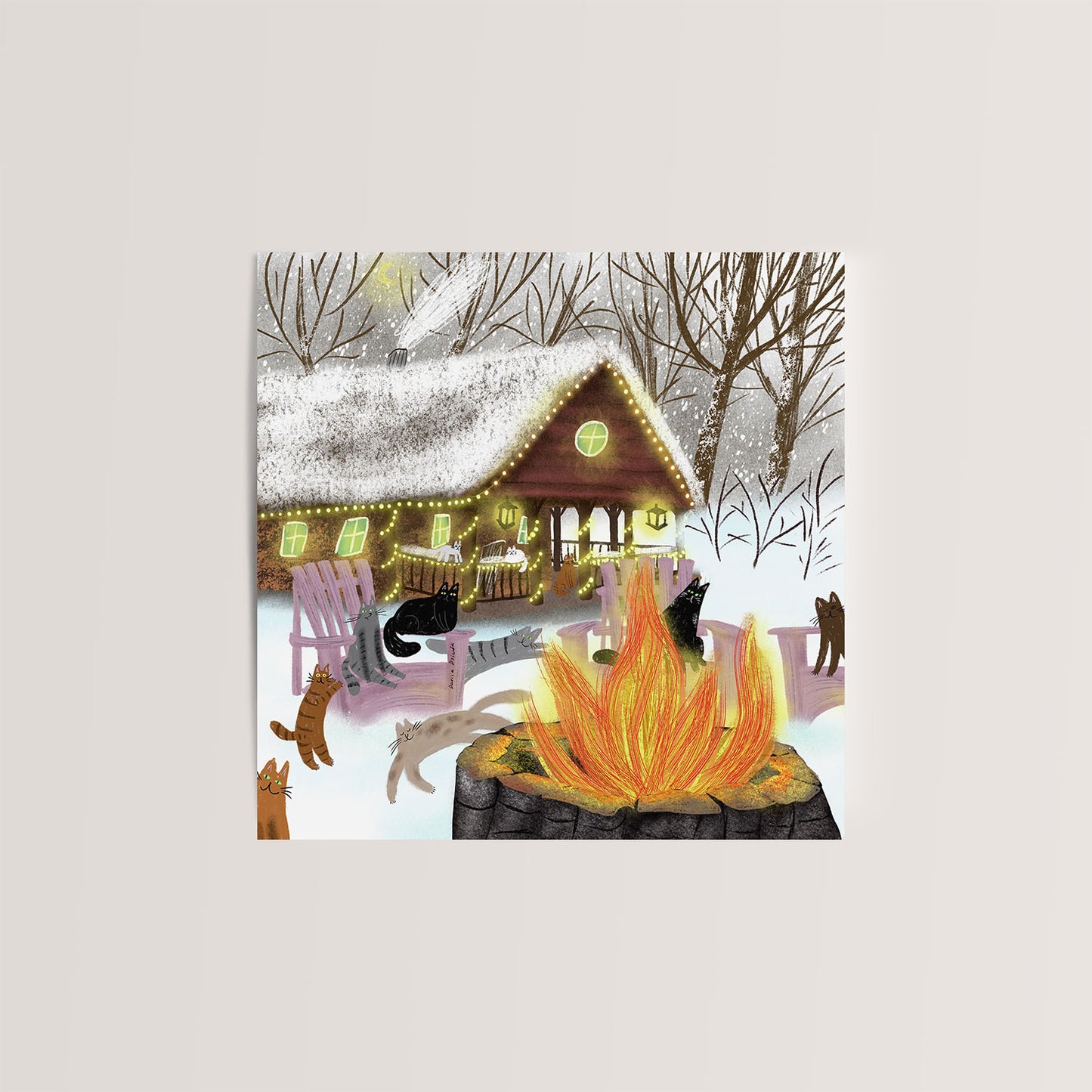 Carte de vœux pour chat de chalet d'hiver douillet (5"x5") avec enveloppe - Chats charmants autour du feu, intérieur vierge pour votre message festif