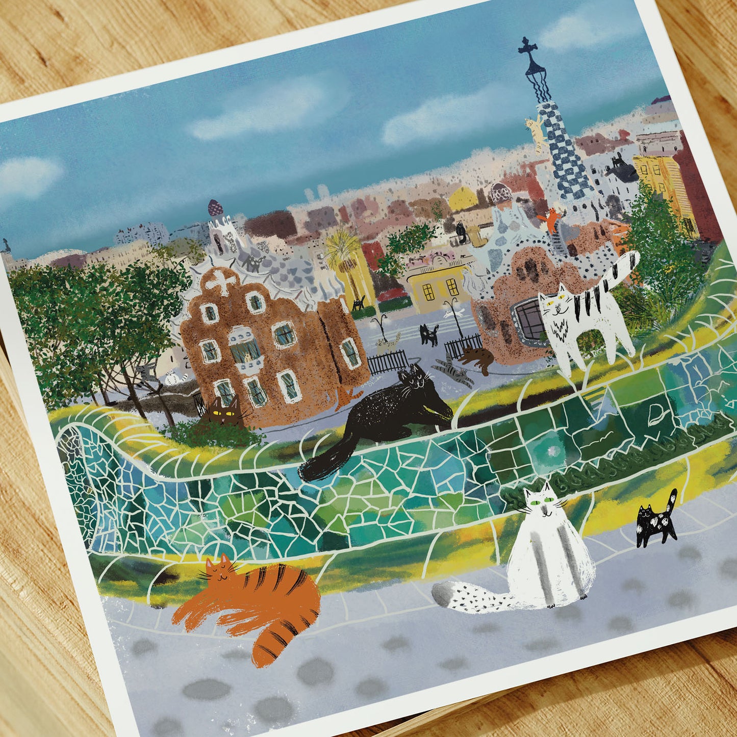 Unframed Art Print: Cats in Barcelona (Gaudi park)