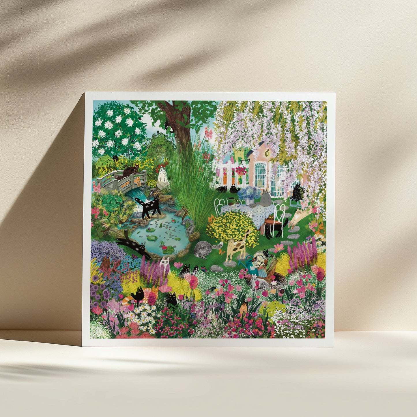 Cats in Blooming Garden Unframed Art Print