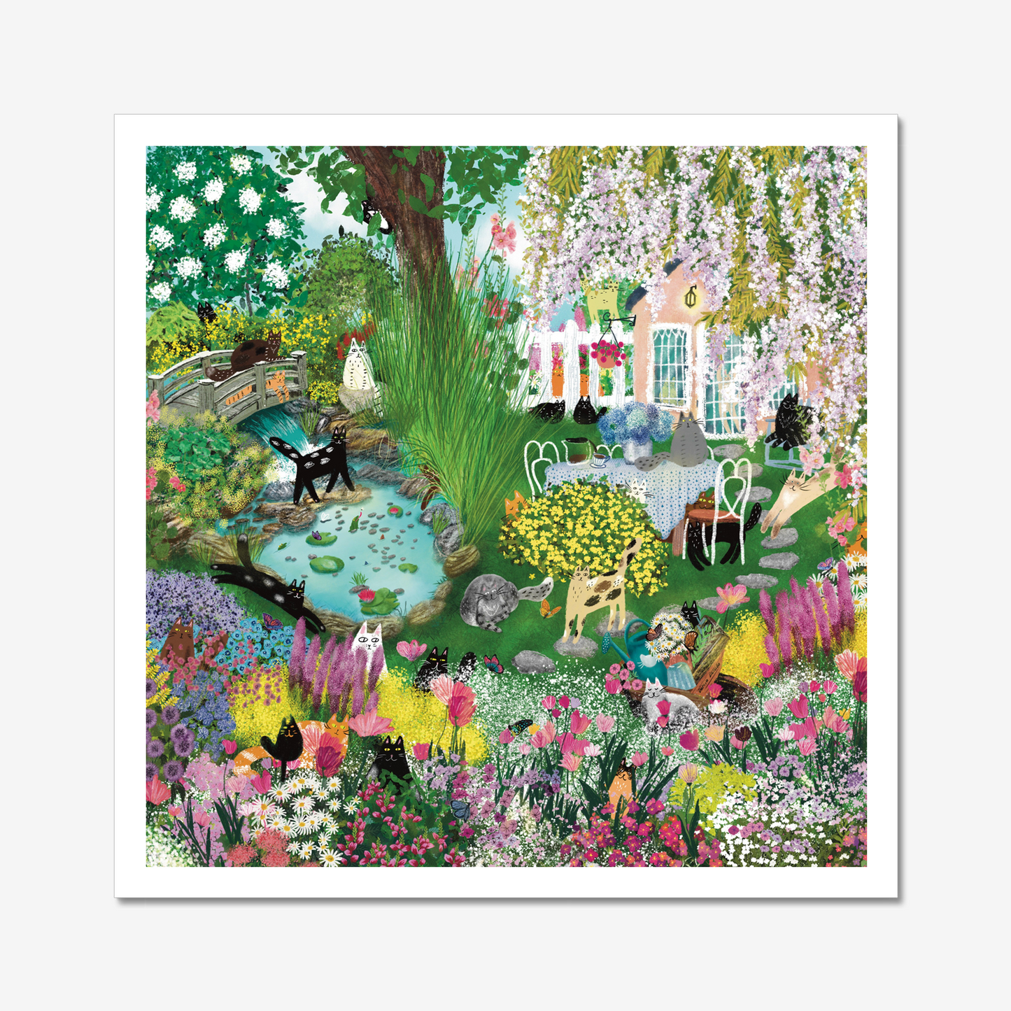 Cats in Blooming Garden Unframed Art Print