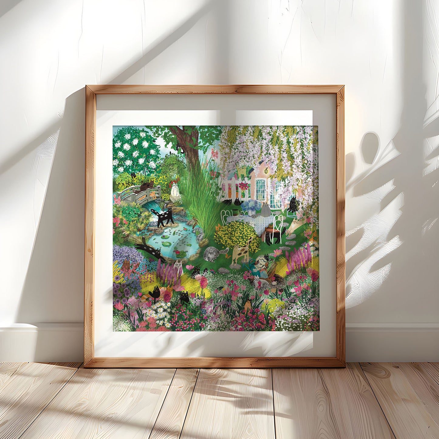 Cats in Blooming Garden Unframed Art Print