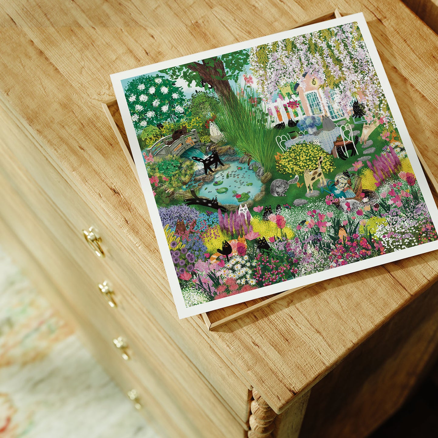 Cats in Blooming Garden Unframed Art Print