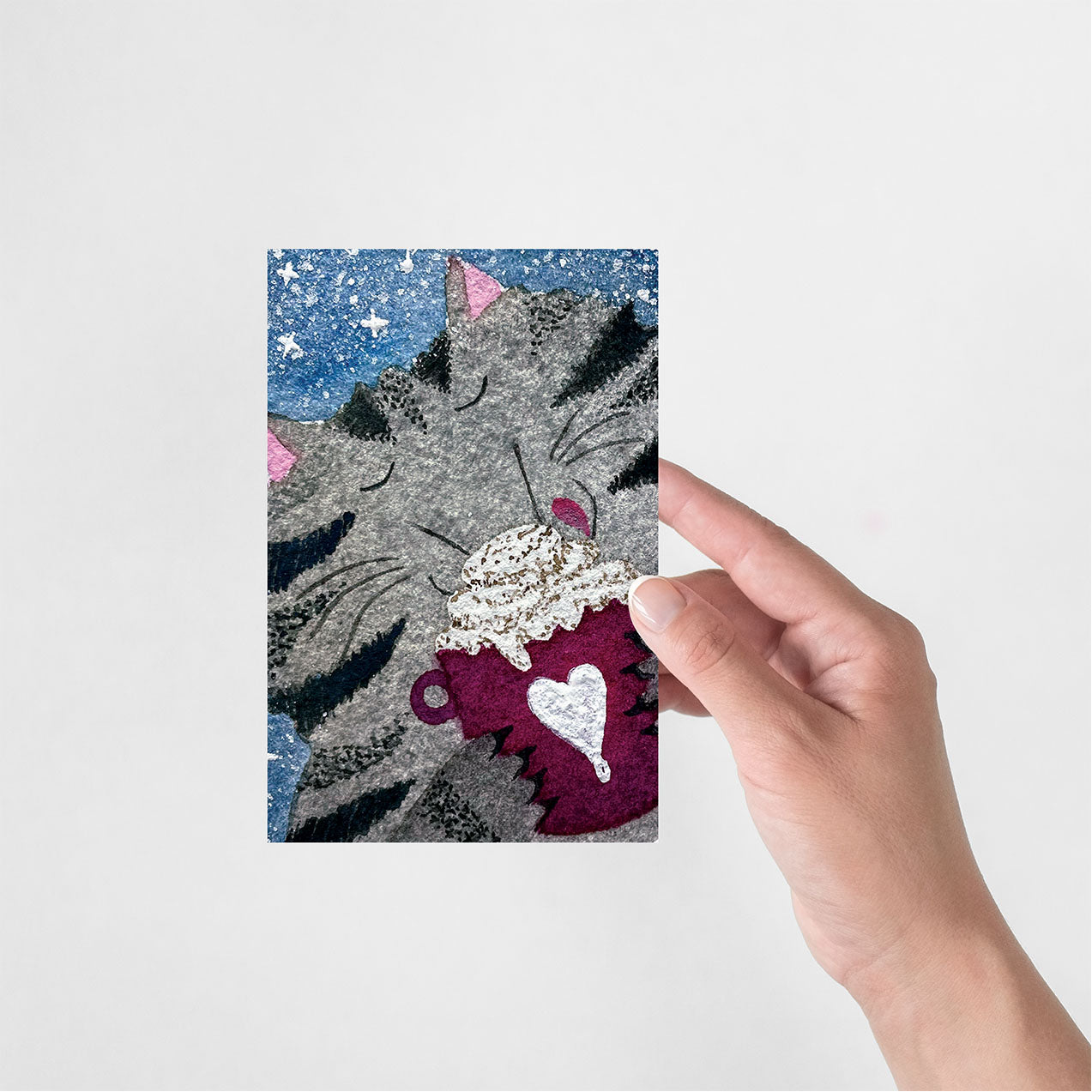 Vertical Greeting card: Cozy Cat with Hot Cocoa