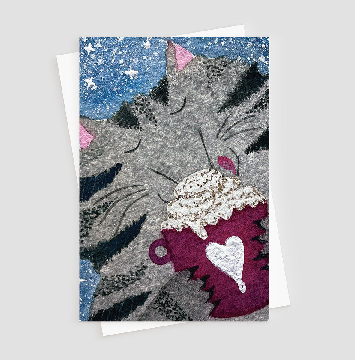 Vertical Greeting card: Cozy Cat with Hot Cocoa
