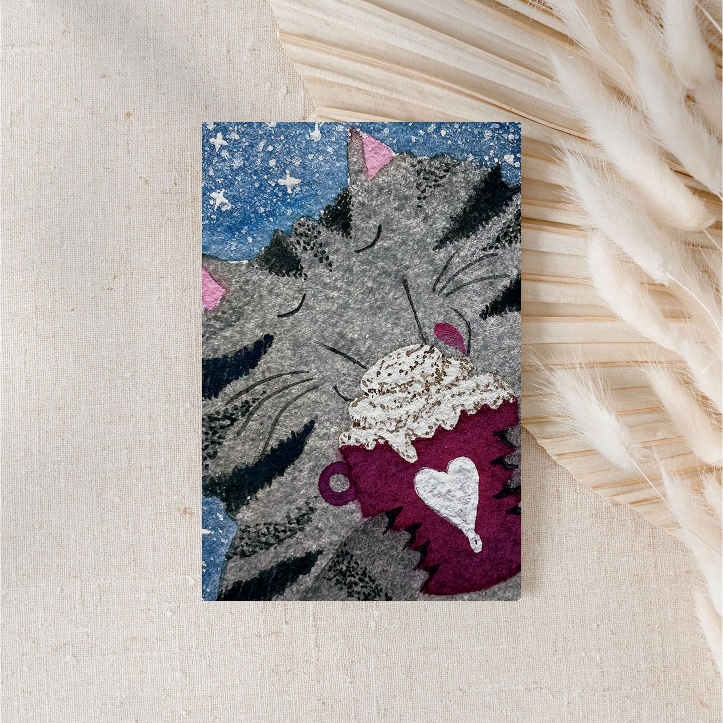 Vertical Greeting card: Cozy Cat with Hot Cocoa