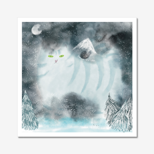 Impression d’art de chat : Illustration d’un chat d’hiver dans les montagnes
