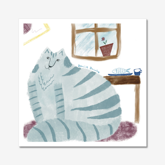 Cat art print: Blue cat and fish illustration artwork