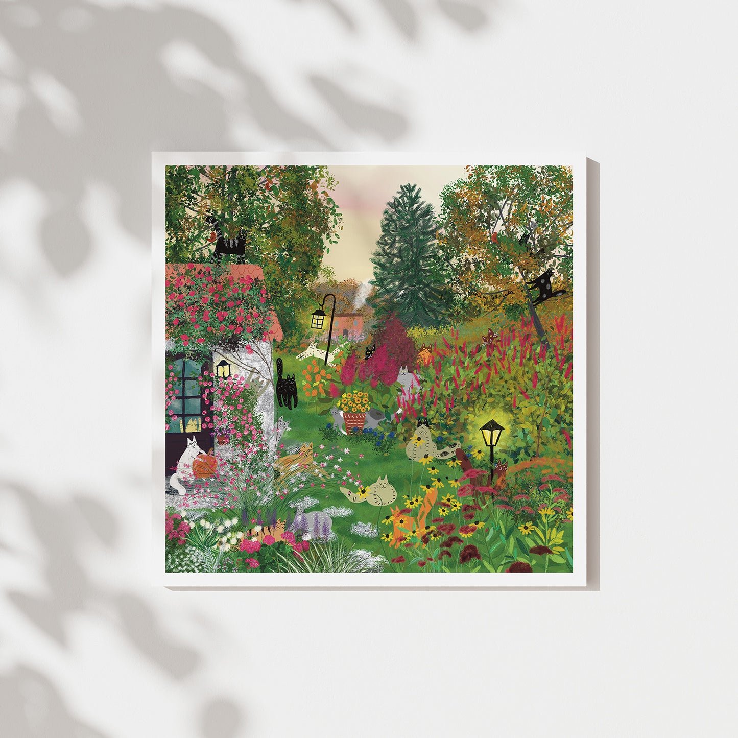 Impression d'art sans cadre de chats dans un jardin d'automne au coucher du soleil