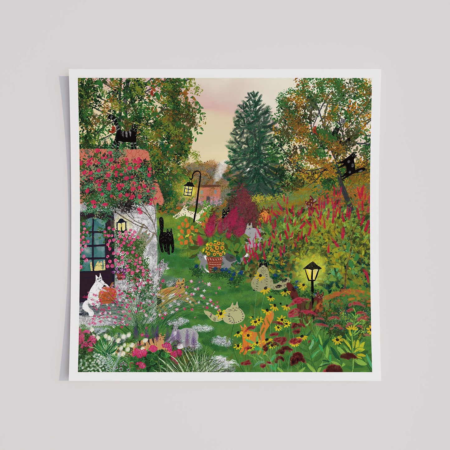 Impression d'art sans cadre de chats dans un jardin d'automne au coucher du soleil
