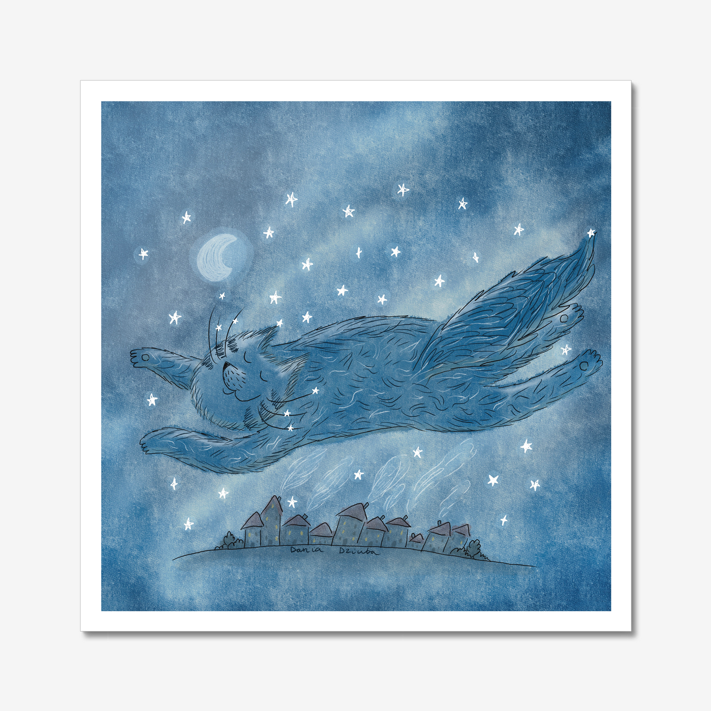 Impression d'art de chat : Chat bleu survolant la ville et les maisons dans un ciel sombre