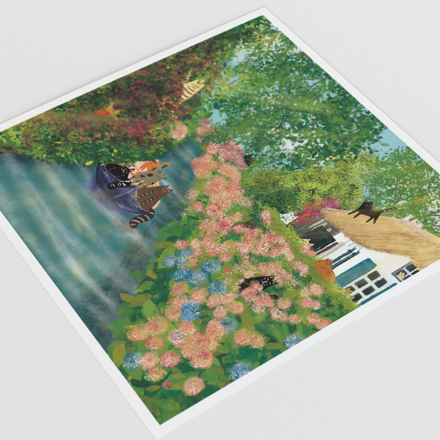 Impression d'art sans cadre de chats sur un canal dans un village chaleureux