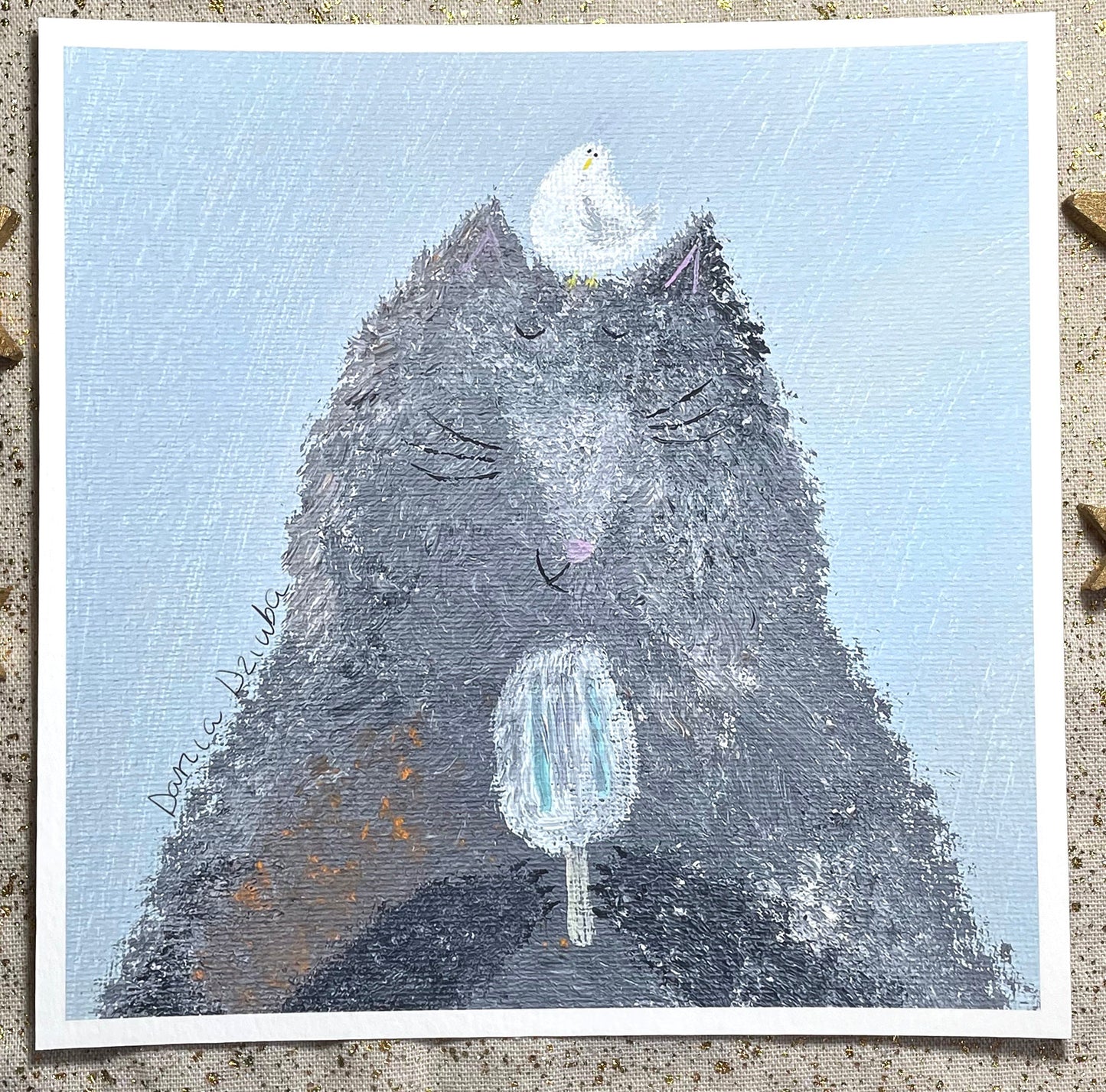 Impression de chat : Chat mangeant de la glace avec impression de mouette/illustration/peinture/giclée non encadrée sur papier 8,5"