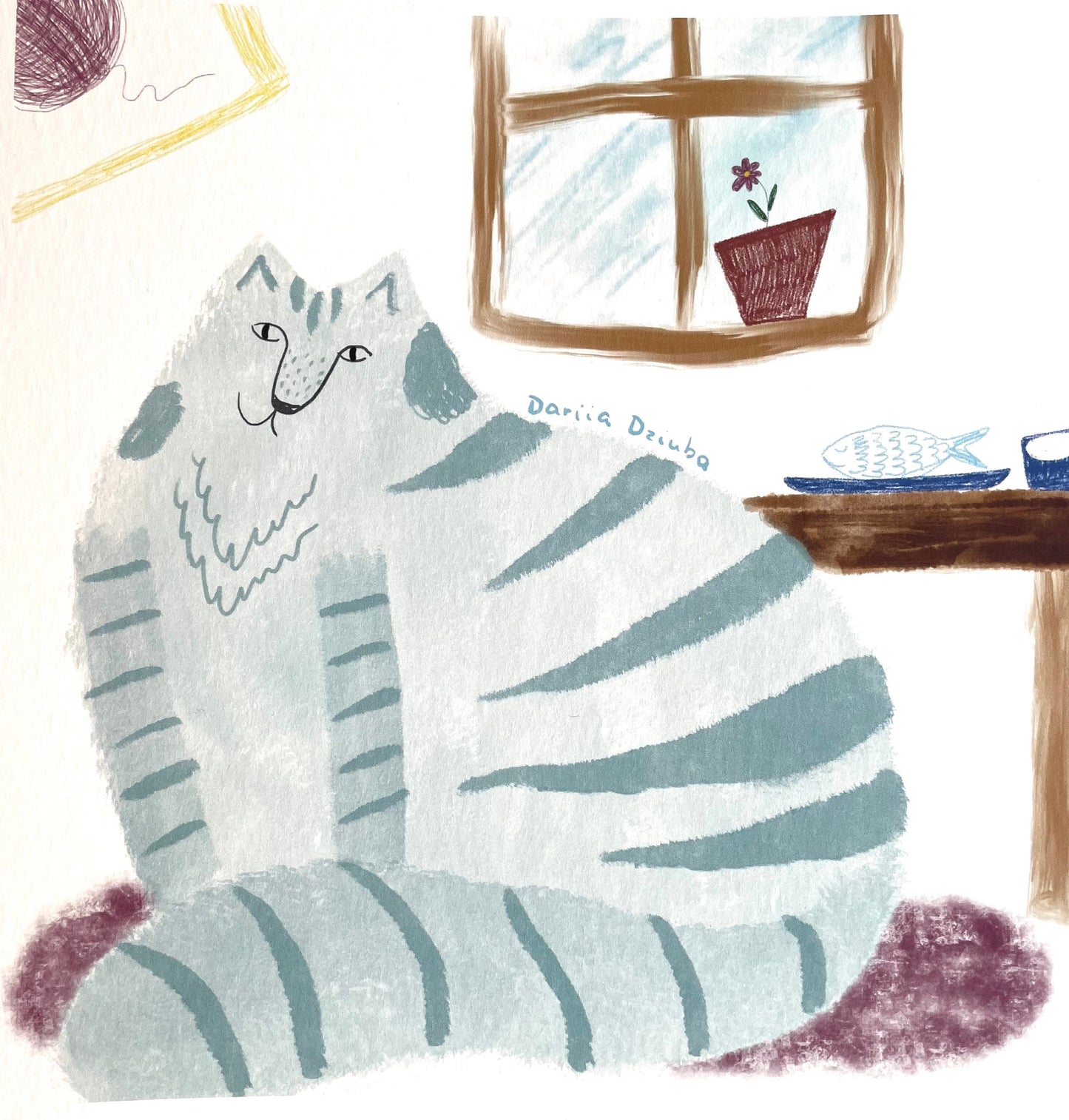 Impression d’art de chat : Oeuvre d’illustration de chat bleu et de poisson
