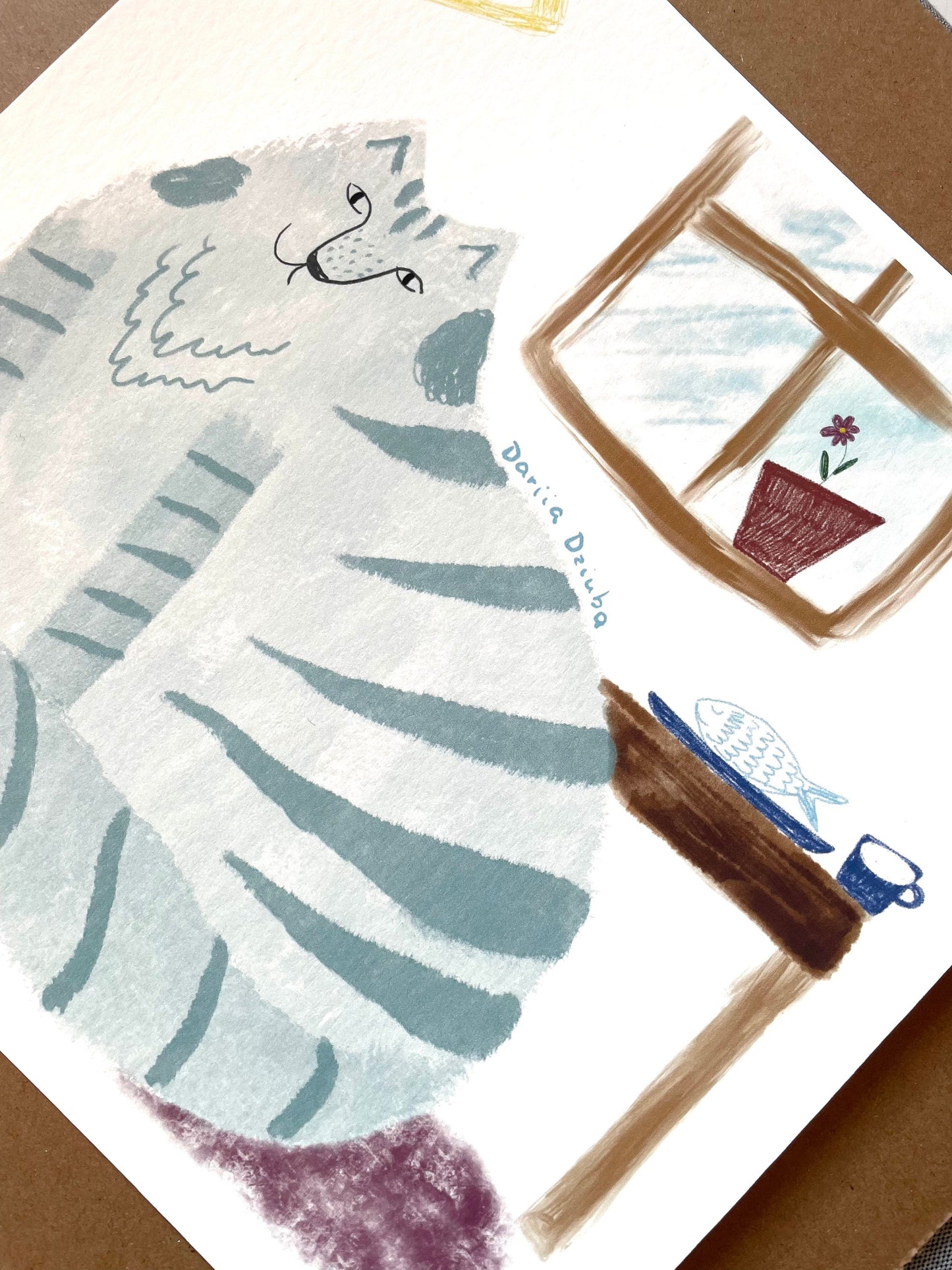 Impression d’art de chat : Oeuvre d’illustration de chat bleu et de poisson