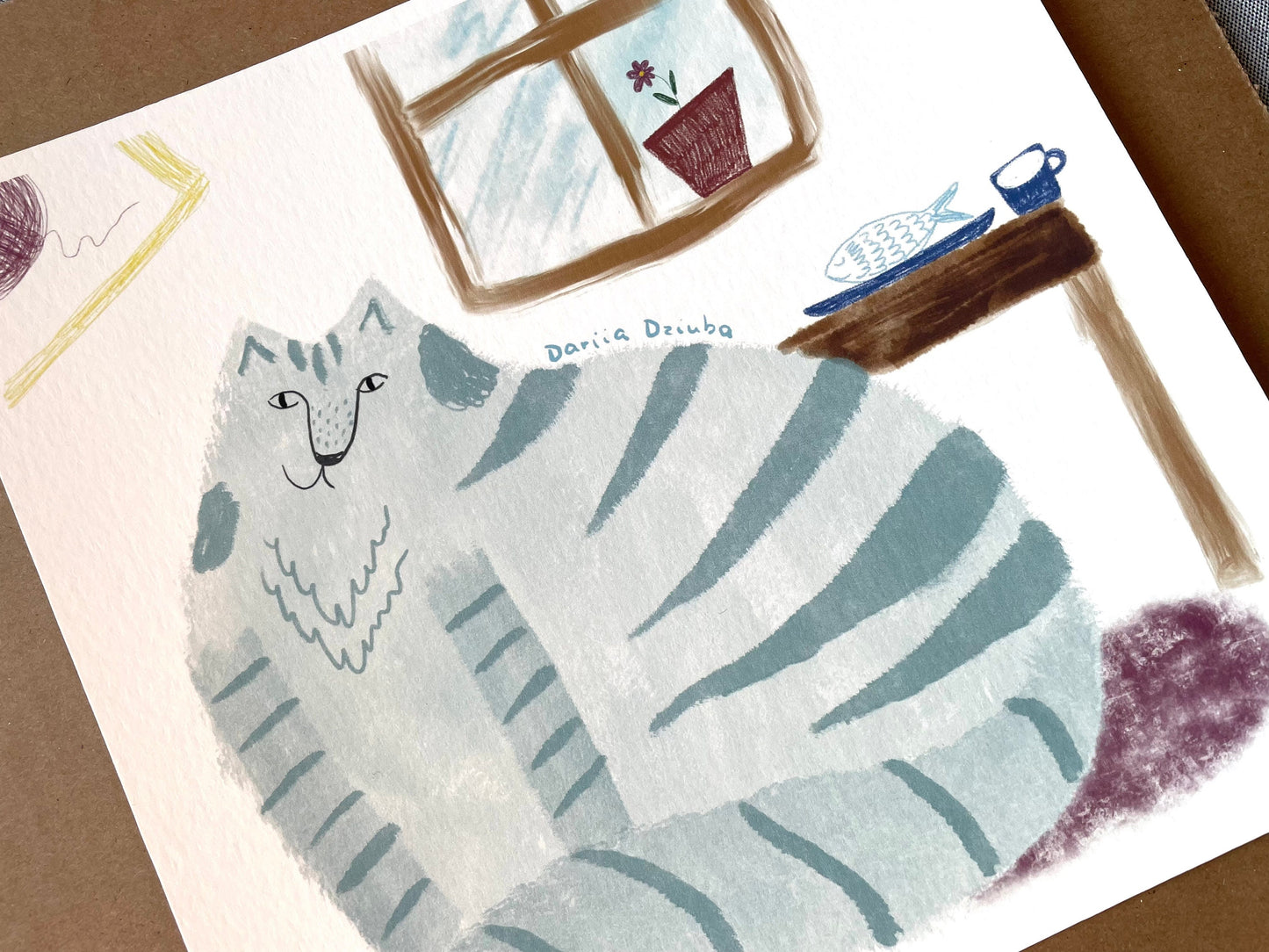 Impression d’art de chat : Oeuvre d’illustration de chat bleu et de poisson